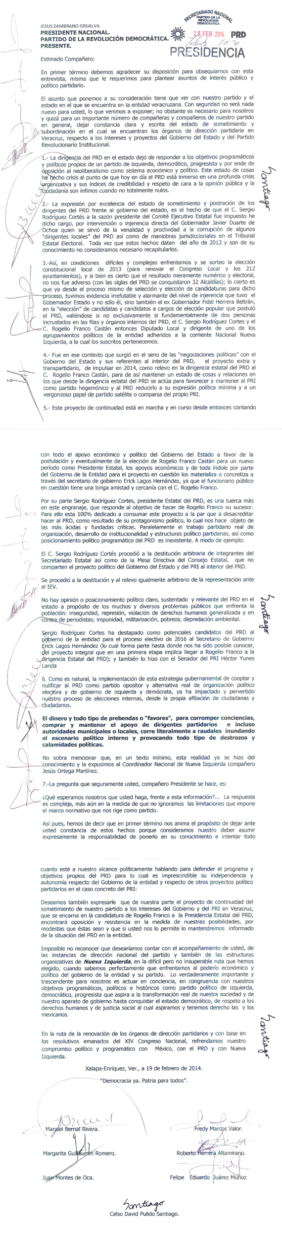 Santo y seña de “la tranza” perredista en Veracruz. Sellado de recibido por la Presidencia nacional del PRD.