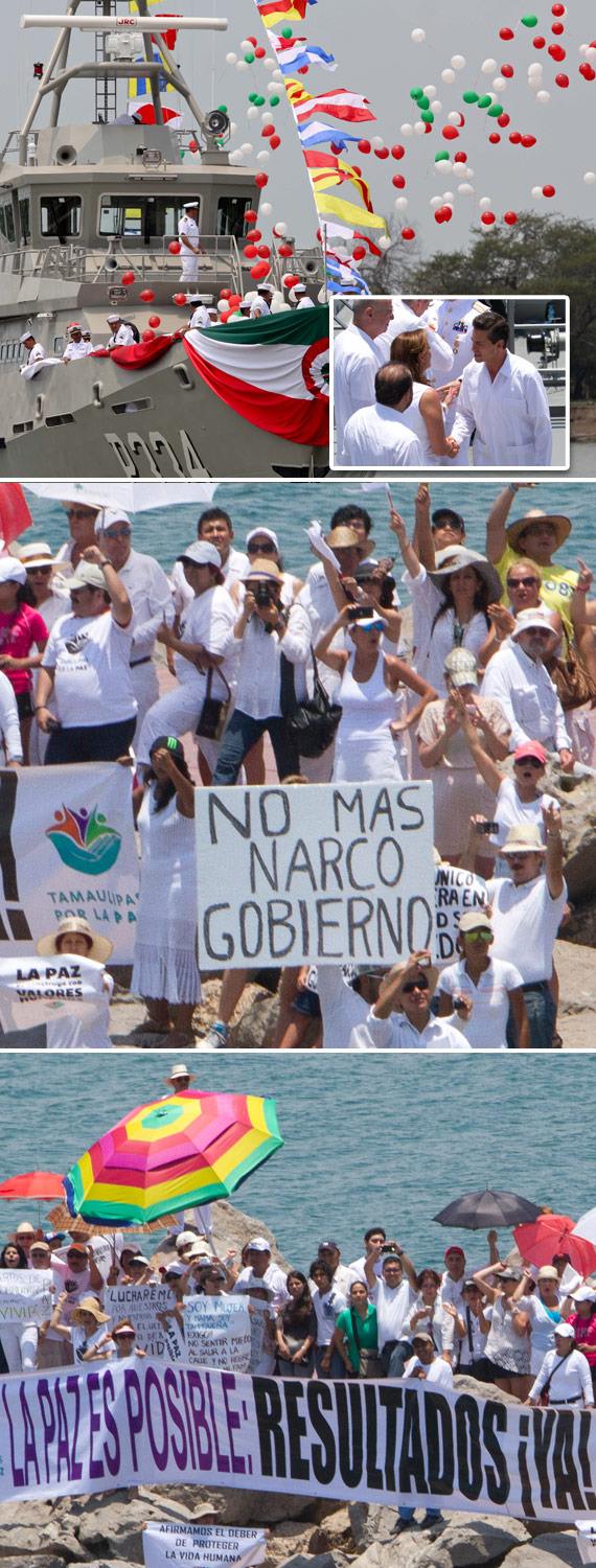 Tres imágenes de Tampico, de este 1 de junio de 2014: Arriba, el Presidente Enrique Peña Nieto en una ceremonia oficial donde la Marina llevó a cabo la Ceremonia de Botadura de la Patrulla Costera Mitla en la zona naval. Abajo, las protestas de la gente que exige seguridad ahora. Fotos: Cuartoscuro