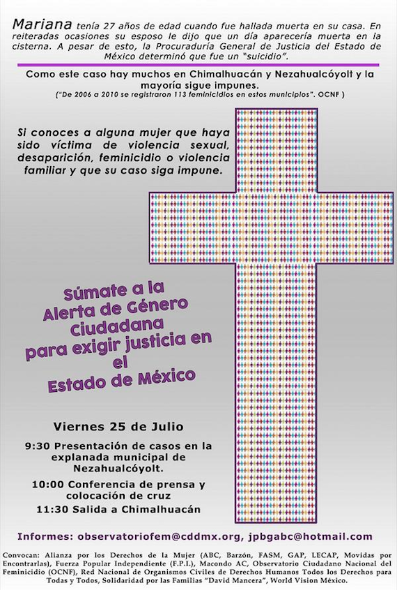 A través de redes sociales se convocó a una marcha para exigir una alerta de género por los feminicidios en el Estado de México. Foto: Twitter FeminicidioOCNF @OCNF