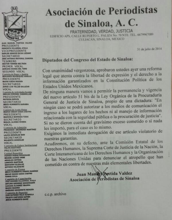 El desplegado del día de ayer. Imagen: Asociación de Periodistas de Sinaloa