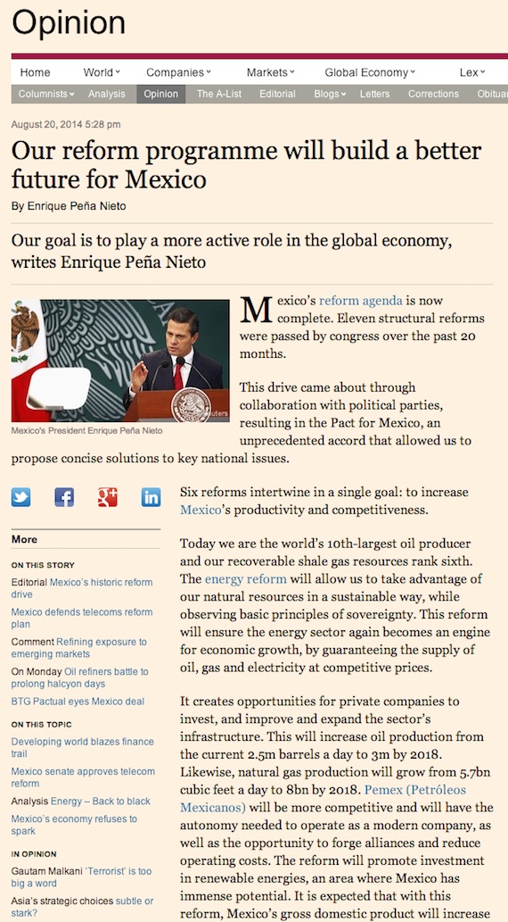 Columna de enrique Peña Nieto en Financial Times. Foto: Financial Times 