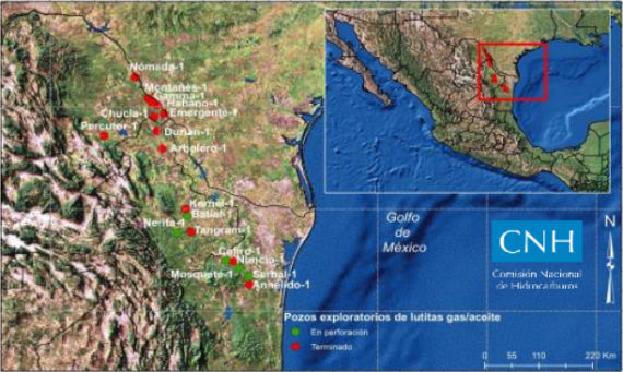 Pozos exploratorios de gas de lutitas en perforación y terminados. Foto: CNH
