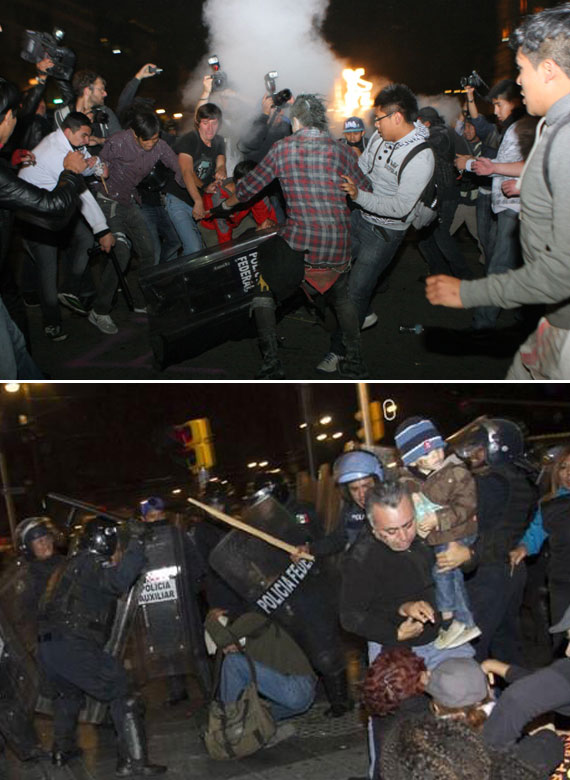 Dos tipos de agresiones. Arriba, policías contra periodistas. Abajo, manifestantes contra granaderos. Fotos: @davirrin en Twitter, y Francisco Cañedo, SinEmbargo.