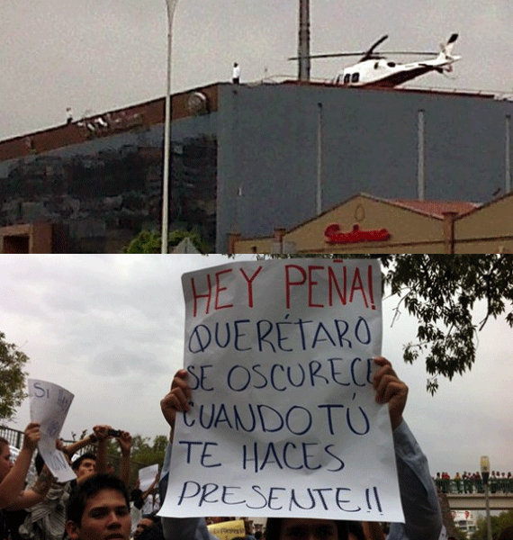 El helicóptero del candidato, en la cima del periódico de la OEM. Abajo, las protestas.