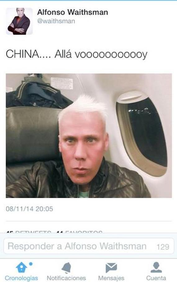 “CHINA....Alla voooooy [sic]”, escribió Alfonso Waithsman en Twitter. Foto: Twitter vía @waithsman.