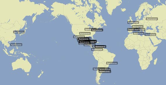 Mapa mundial de menciones con el hasgtag #YaMeCansé en twitter. Imagen: trendsmap.com