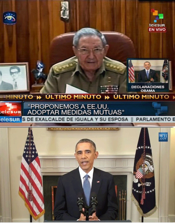 Castro y Obama dieron mensaje a sus respectivas naciones con una diferencia de segundos. El fin de una era. Fotos: captura de pantalla