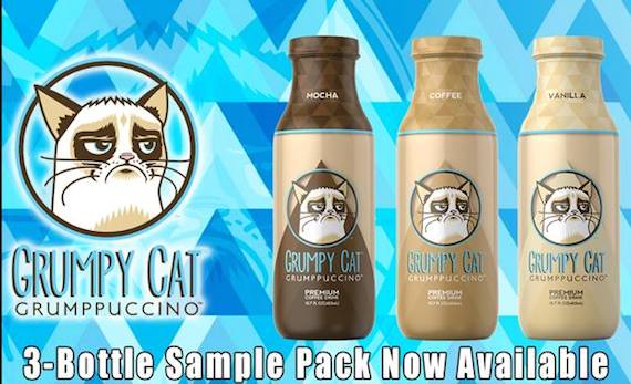 Los productos de la marca registrada de Grumpy Cat incluyen bebidas frías, audífonos, libros, peluches, tazas, playeras y más. La tutora de la gata pudo renunciar a su trabajo para promocionar a su animal de compañía. Foto: Especial.