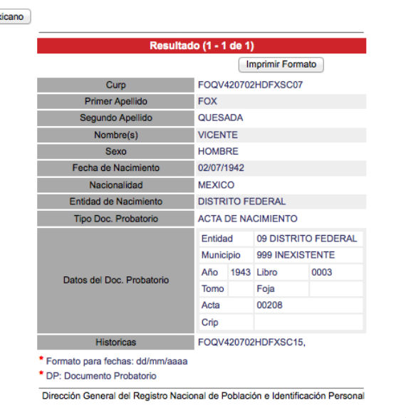 Una de las dos cédulas de identidad del ex Presidente Vicente Fox Quesada. Foto. Captura de pantalla