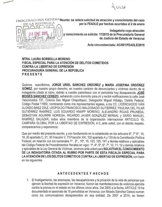 Solicitud a la PGR. Foto: articulo19.org