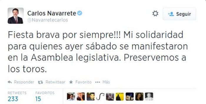 En el tweetstorm que se realizó con el Hashtag #NoVotesPorPolíticosTaurinos mostraron un mensaje que envió el Presidente Nacional del PRD a favor de la tauromaquia. Imagen: Twitter.