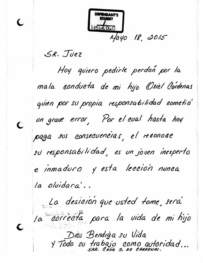 Copia de la carta obtenida por Breitbart, del puño y letra de la madre Osiel Cárdenas Jr.