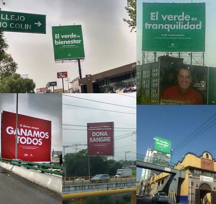 Espectaculares verdes y rojos en calles principales del Estado de México. Foto: Twitter de @publioficial