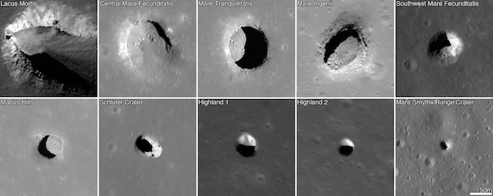 Algunas imágenes de pozos lunares tomadas por la nave espacial Lunar Reconnaissance Orbiter de la NASA. Foto: NASA