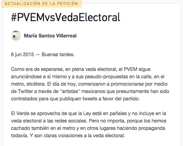 Petición en change.org para exigir castigo al Verde por violar la veda electoral. Foto: Especial