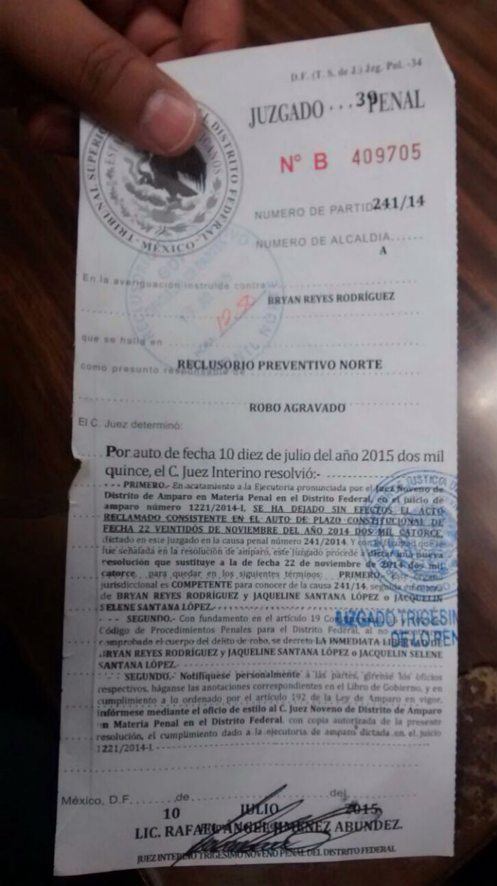 Orden de liberación de Bryan Reyes Rodríguez. Foto: Cortesía Jorge Miranda/Liga de Abogados 1 de Diciembre