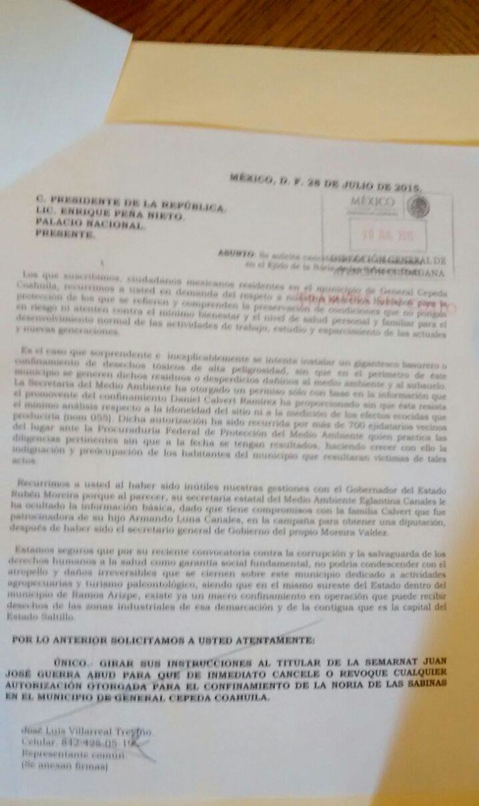 En una carta solicitaron al Presidente cancelar la autorización otorgada para el confinamiento en Noria de la Sabina. Foto: Especial