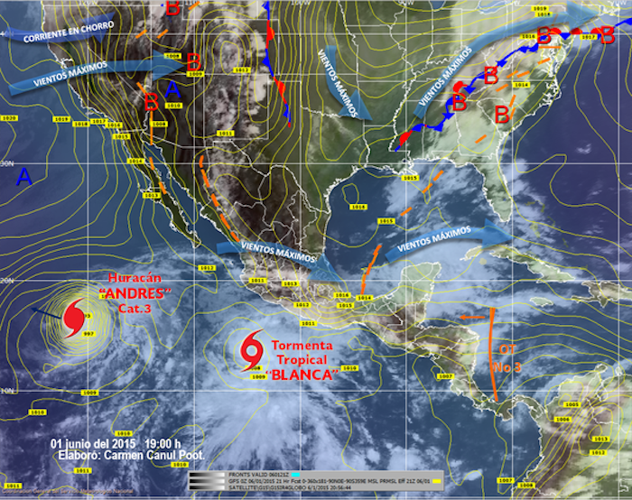 Imagen interpretada con los sistemas meteorológicos significativos en las país de las últimas 19 horas. Foto: Twitter @conagua_clima