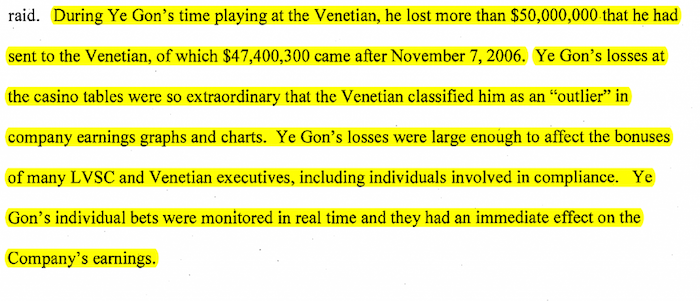 Extracto de un documento de la Fiscalía de Estados Unidos que muestra cómo las apuestas de Ye Gon dispararon las utilidades del casino Venetian, en Las Vegas. Foto: Univisión.