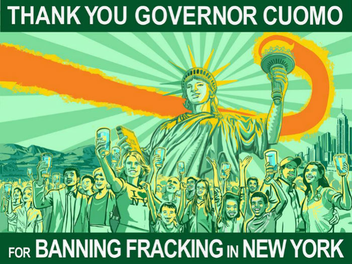 Cartel con mensaje de agradecimiento al Gobernador de Nueva York, Andrew Cuomo, tras haber decretado la prohibición del fracking en el estado, en diciembre pasado. Imagen: Facebook Frack Action 