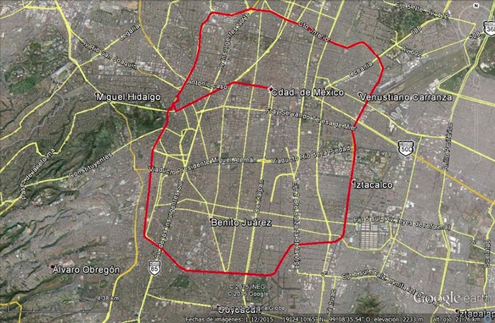 La imagen muestra el recorrido que realizarán los ciclistas este sábado para unirse a la jornada global por Ayotzinapa. Foto: Facebook