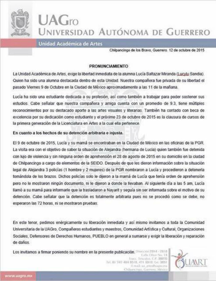 La Comunidad Universitaria De La Universidad De Guerrero Exigió El Inmediato Esclarecimiento Del Caso Así Como La Liberación Inmediata De Lucía Baltazar Quien Es Señalada Como Una Alumna Y Compañera Ejemplar Imagen Tomada De Internet