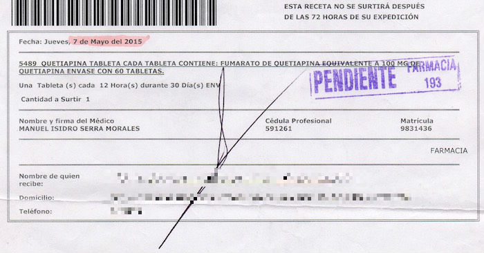 Receta, de la paciente referida, por parte de la Unidad de Medicina Familiar No. 193 Chalco III . Foto: Especial