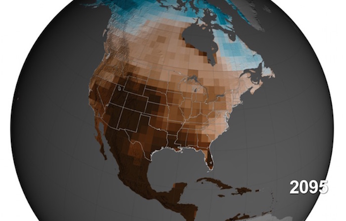 La NASA proyectó la sequía al 2095, lás áreas más oscuras son las de menor humedad. Foto: NASA