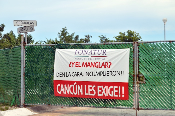 - El Malecón Tajamar es un desarrollo del Fonatur en la zona centro de Cancún, Quintana Roo, frente a la laguna Nichupté. El proyecto de 58 hectáreas fue urbanizado entre 2005 y 2008 con recursos federales para después ser lotificado y vendido a distintos desarrolladores inmobiliarios. Entre los proyectos detenidos está un desarrollo comercial, estacionamientos y oficinas de 50 mil metros cuadrados de la firma italiana Bi&Di; una zona residencial de tres mil 600 viviendas, torres condominales, y una basílica de la iglesia católica, entre otros, en la foto se observa el dia de hoy una garza muerta y un cocodrilo vivo en la zona del manglar. Foto: Cuartoscuro