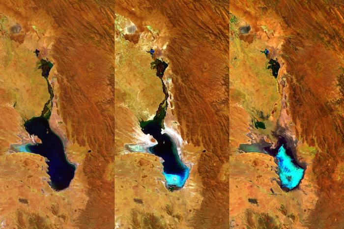 La región azulada en la imagen muestra claramente salinas secas en la parte sur del lago. Foto: ESA