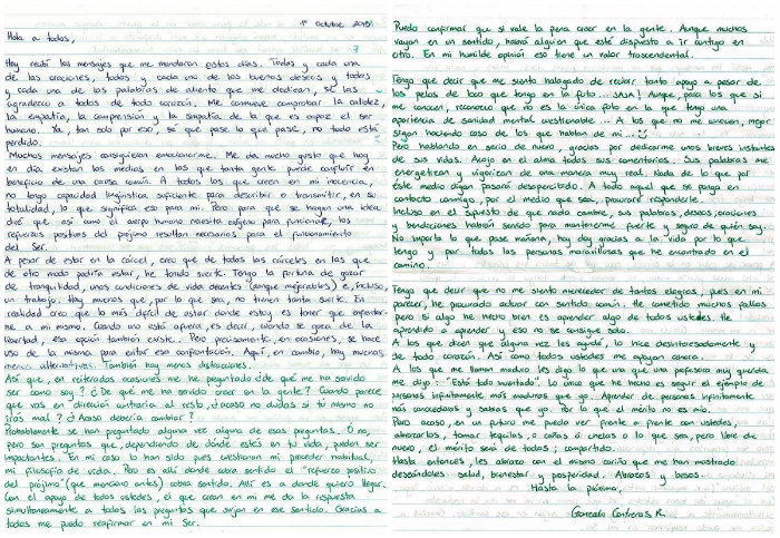 Carta qie escribió Gonzalo en octubre de 2015 para agradecer a quienes se han sumado a su causa. Foto: Facebook