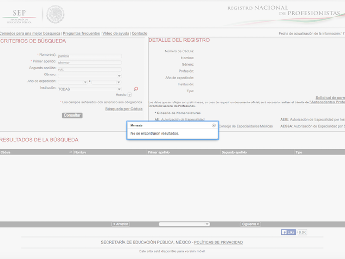 En El Registro Nacional De Profesiones No Se Encuentra La Cédula Profesional De Patricia Chemor Foto Captura De Pantalla Del Registro Nacional De Profesiones