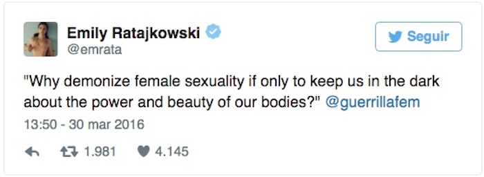 "¿Por qué demonizar la sexualidad femenina si no es para mantenernos a oscuras acerca del poder y la belleza de nuestros cuerpos?". Foto: Twitter vía @emrata