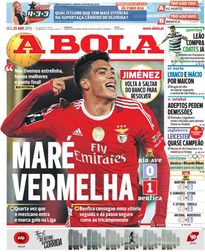 Prensa en Portugal destaca actuación de Jiménez Foto: A BOLA