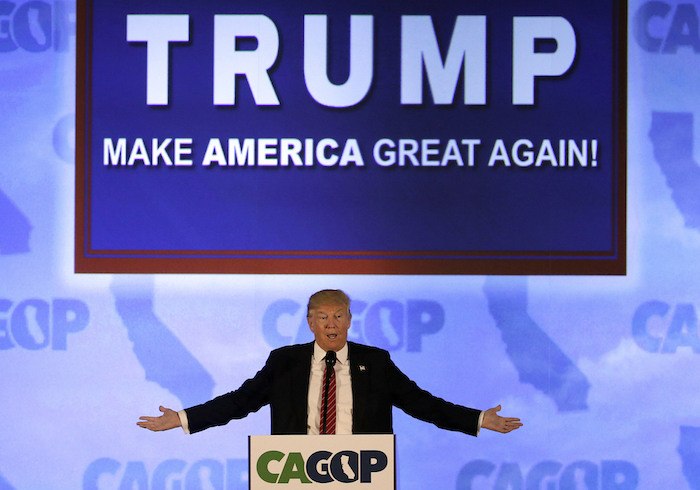 Republican presidential candidate Donald Trump speaks at the California Republican Party 2016 Convention in Burlingame, Calif., Friday, April 29, 2016. (AP Photo/Jeff Chiu)