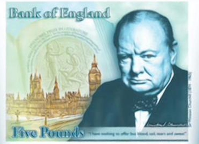 el Nuevo'fiver' (billete de cinco libras) conmemorará los logros del único primer ministro que ha ganado un Premio Nobel de Literatura (en 1953) y uno de los grandes hombres de Estado de todos los tiempos, Winston Churchill", afirmó el gobernador del Banco de Inglaterra, Mark Carney. Foto: Especial