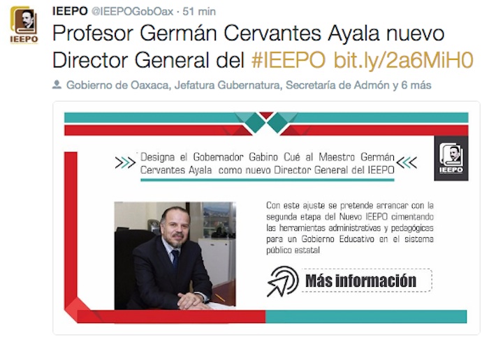 Mediante Su Cuenta De Twitter El Instituto Estatal De Educación Pública De Oaxaca También Hizo Pública La Designación Del Nuevo Funcionario Foto Twitter ieepogoboax