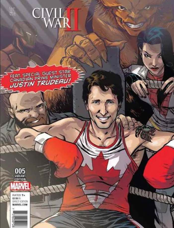 El Primer Ministro Aparece En La Portada Rodeado De Superhéroes Canadienses Más legítimos Puck Squash Y Aurora Los Integrantes Del Grupo Alpha Fight Iron Man También Aparece En El Fondo De La Imagen Foto Especial