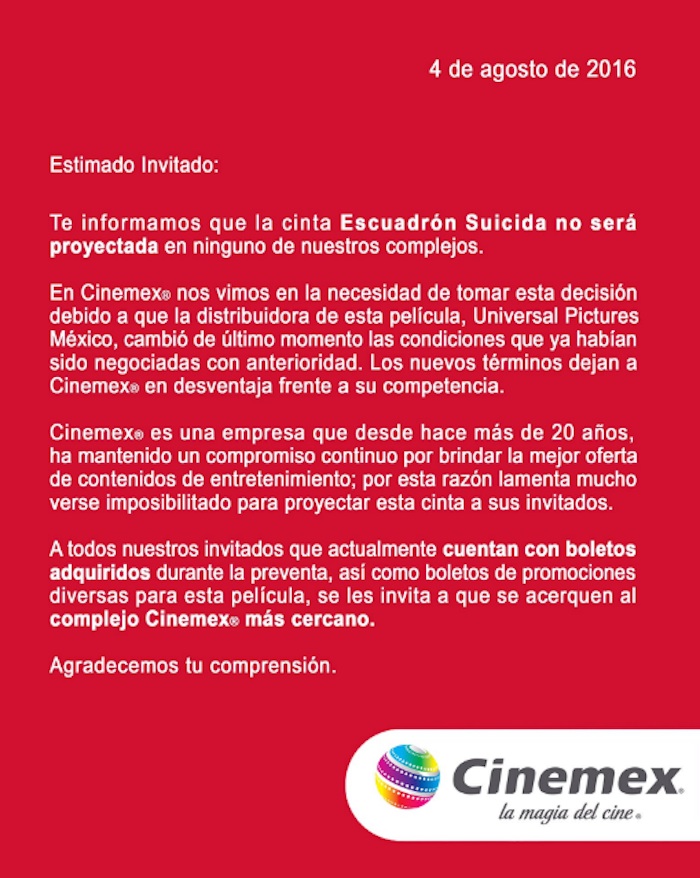 Cinemex publicó el comunicado en Twitter, lo que generó críticas y burlas. Foto: Cinemex. 