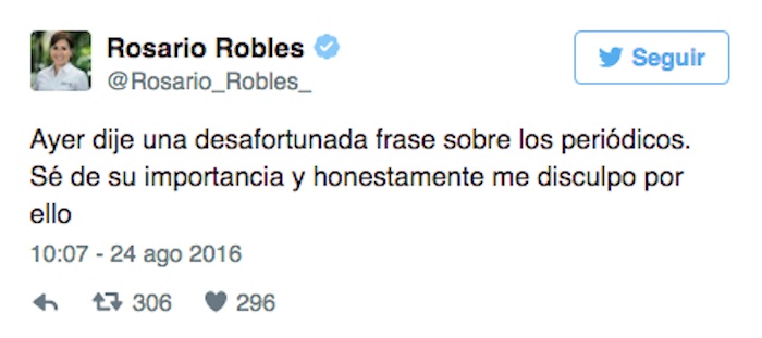 El mensaje de Rosario Robles. Foto: Twitter.