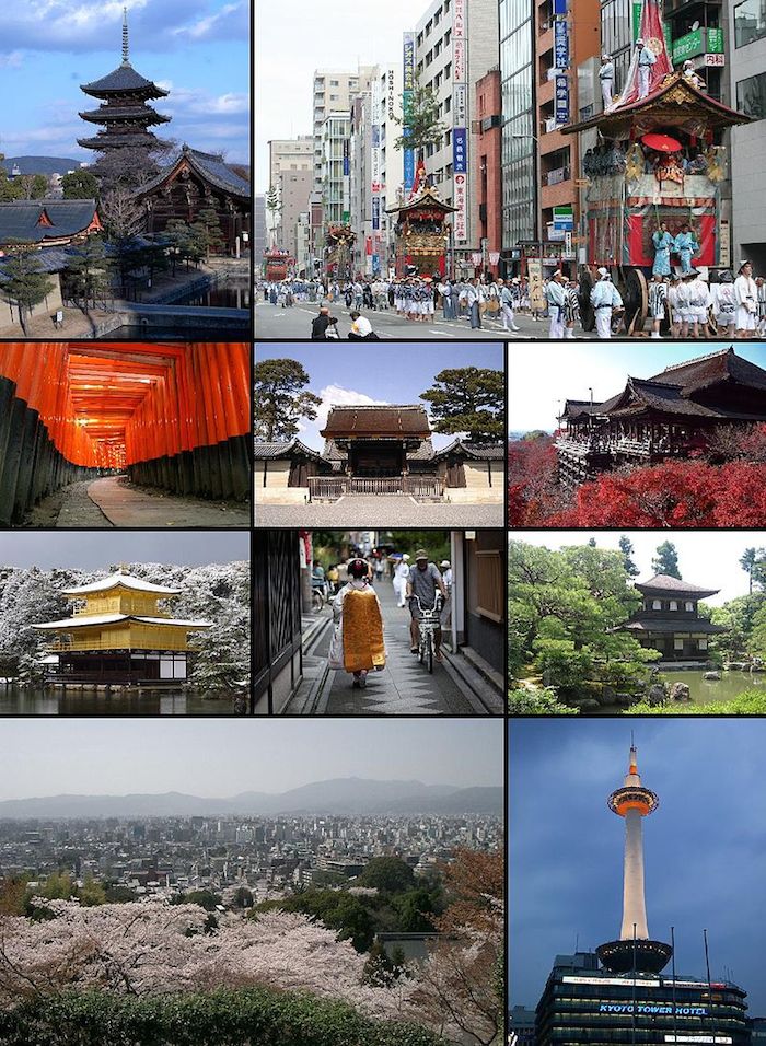 Algunos sitios icónicos de kyoto, incluida la Torre (abajo a la derecha). Foto: Wikimedia