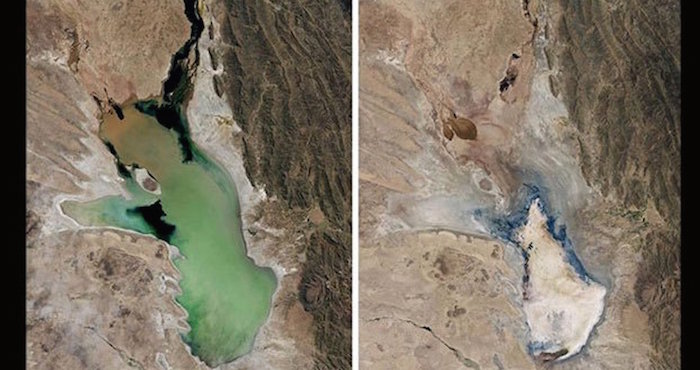 Comparación del Lago Poopó con el paso del tiempo.  Foto: @NASA