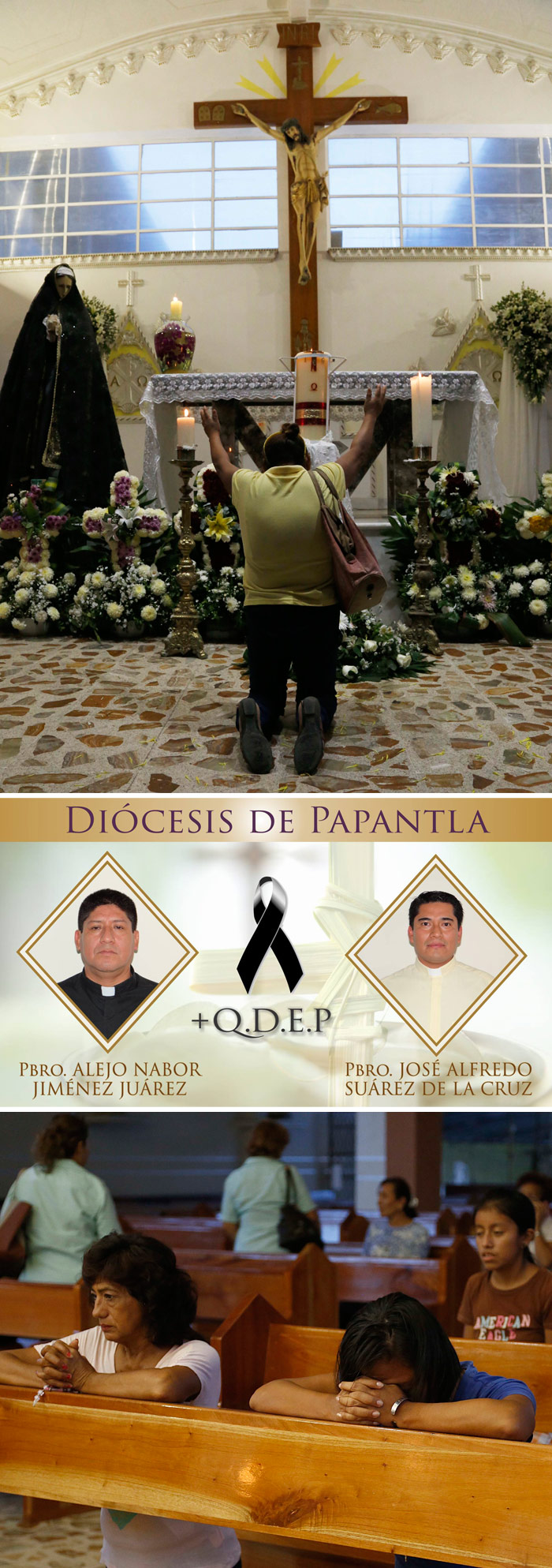 Un grupo de personas reza en la iglesia de Nuestra Señora de Fátima en Poza Rica, en el estado de Veracruz, México, el 20 de septiembre de 2016. Dos de los sacerdotes de la iglesia fueron hallados muertos en la víspera, tras haber sido vistos por última vez el 18 de septiembre. Los cuerpos acribillados de los curas aparecieron al borde de un camino. Fotos: Marco Ugarte, AP