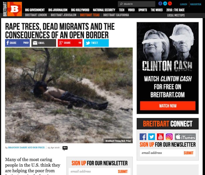 'Árboles de violaciones, migrantes muertos y las consecuencias de tener una frontera abierta'. Nota de Breitbart del 25 de abril de 2016. Foto: internet.