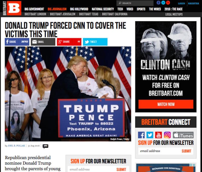 'Donald Trump obligó a CNN a cubrir a las víctimas esta vez'. Nota de Breitbart del 31 de agosto de 2016. Foto: internet