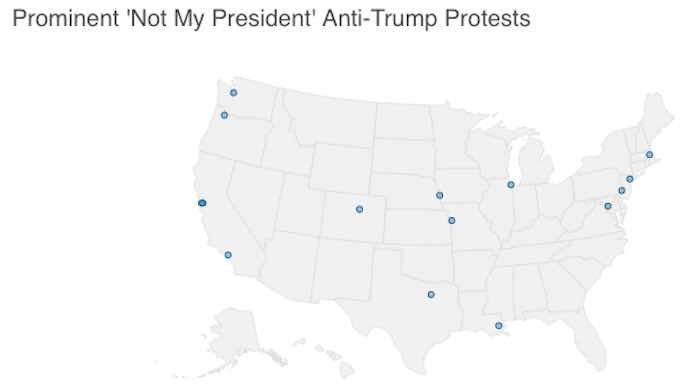 Mapa de los estados con prominentes manifestasiones en contra del ahora Presidente Donald Trump. Foto: Graphiq Staff Research (graphiq.com).