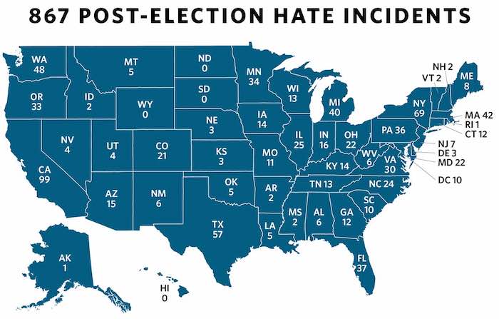 En la imagen del "Reporte de Incidentes de Odio” del SPLC, se muestran las denuncias de acoso por estado en EU. Foto: SPLC.