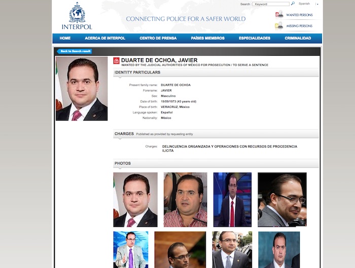 La ficha emitida por la Interpol. Foto: Captura de pantalla.