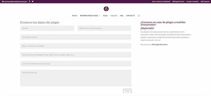 Para reportar un plagio de diseño mexicano, los testigos deben llenar un formulario en la página Viernes Tradicional. 