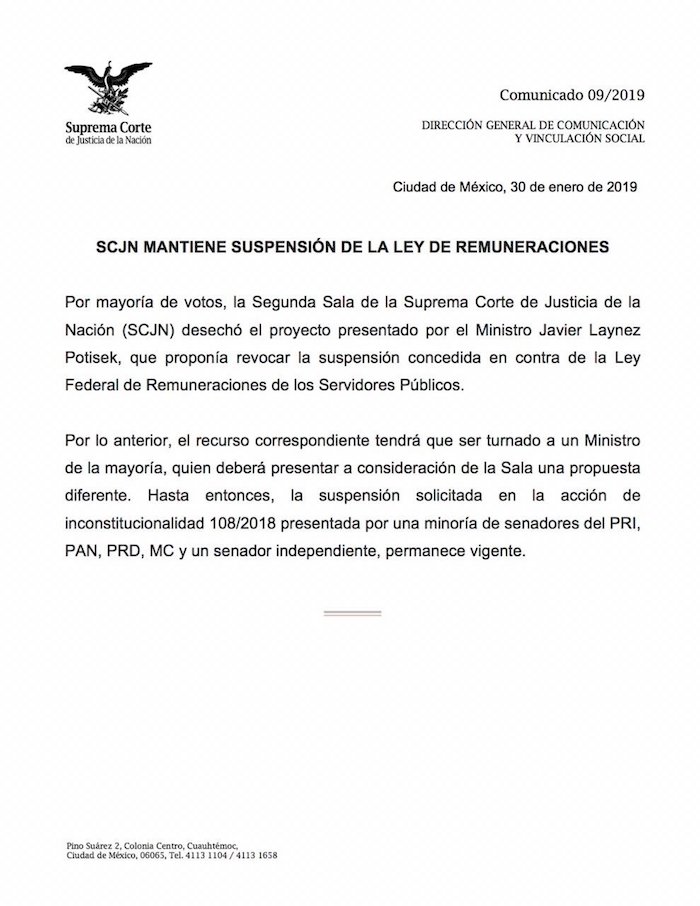 Ministros se oponen a levantar suspensión y Ley Federal de Remuneraciones se mantiene congelada